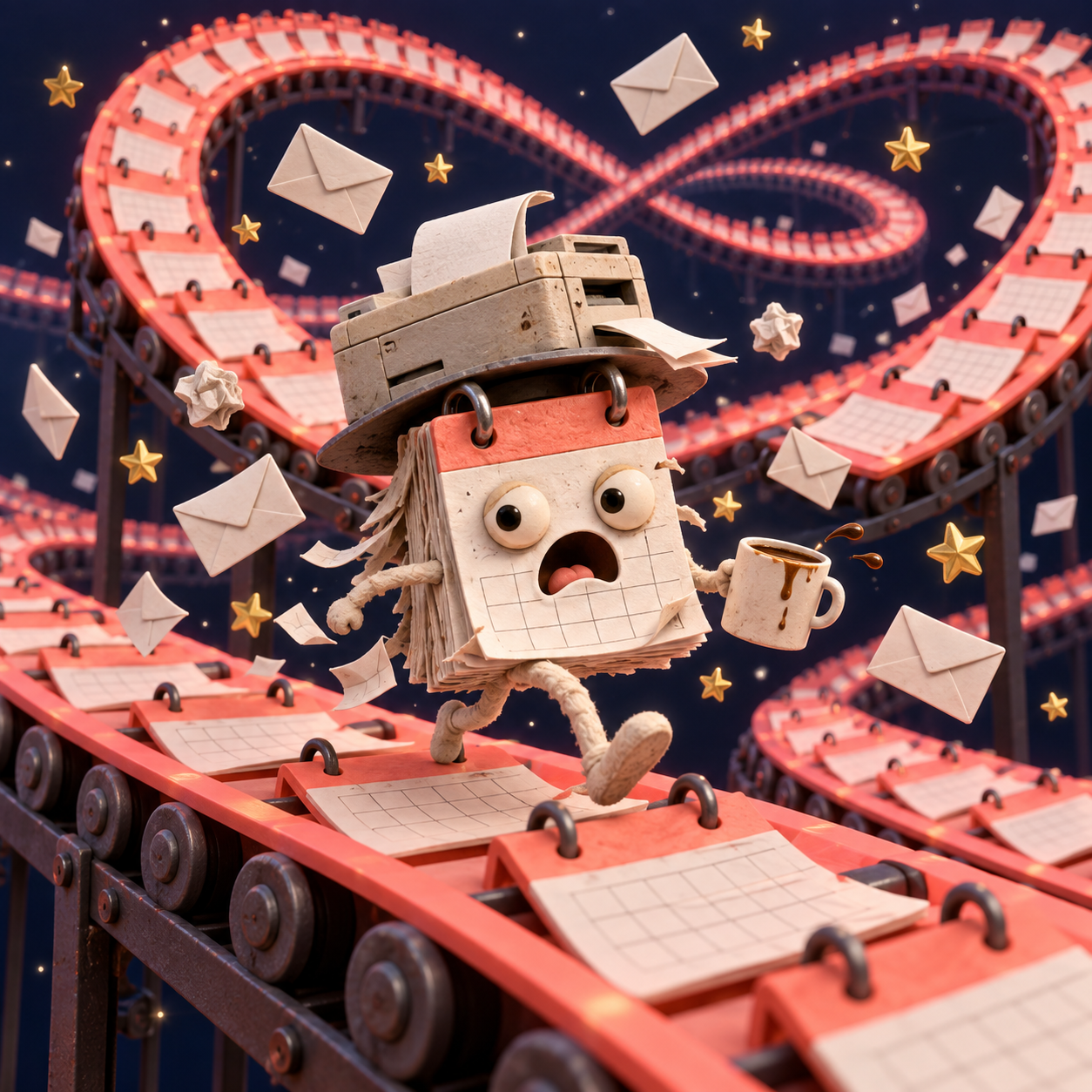 An original worried calendar character running on an endless calendar conveyor